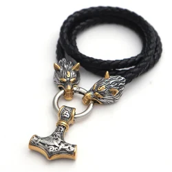 Viking Wolf Heads and Thor Hammer Necklace Leather Cord