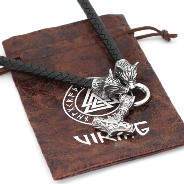 Wolf Heads Thor Hammer Viking Leather Cord Necklace