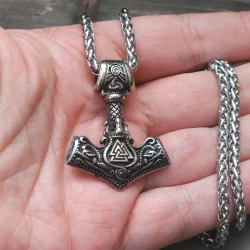 Norse Tiwaz Rune Mjolnir Necklace Silver Color