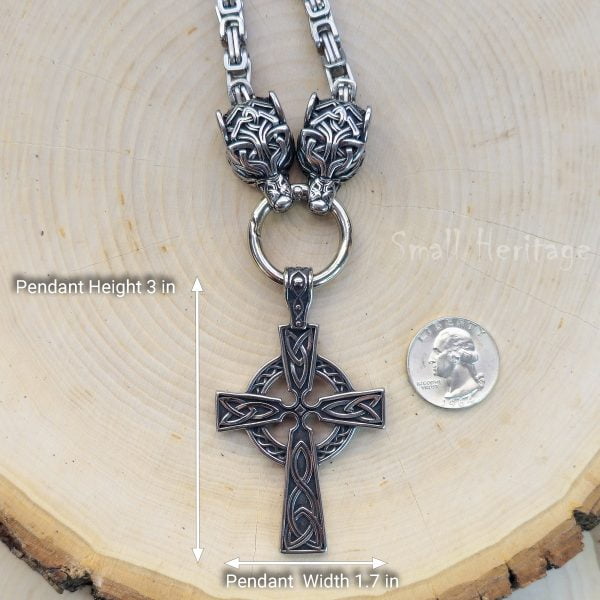 Large Wolf Head Cross Necklace – Heavy Stainless Steel Pendant for Men