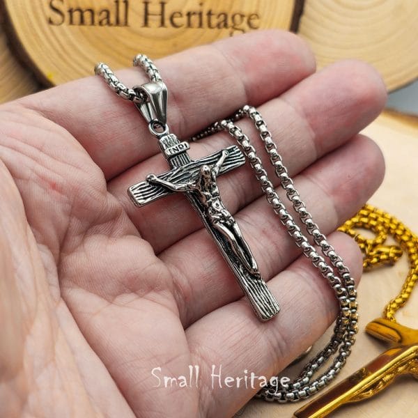 Large Crucifix Cross Necklace Stainless Steel Christian Pendant Silver