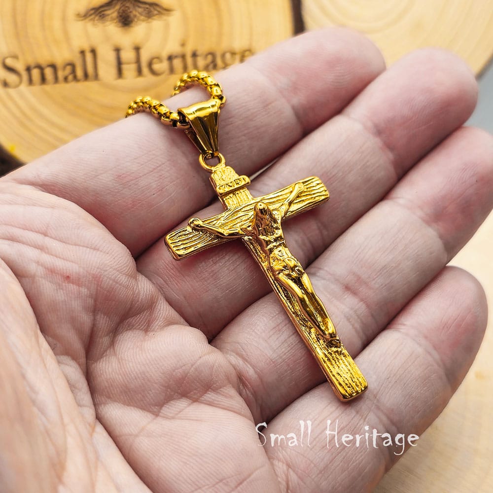 thumbnail image 2 of Stainless Steel Jesus Christ Crucifix Cross Pendant Necklace For Men - Yellow & Black Accents, 23 Inch Chain 2 of 6